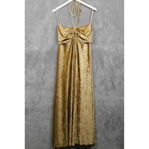 DELFI Collective Gold Velour Keyhole Halter Maxi Dress Evening Gown Formal Sz L